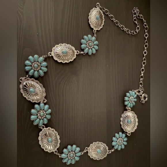 New Vintage Waist Belt Silver Natural Turquoise Stone Flower Tassel